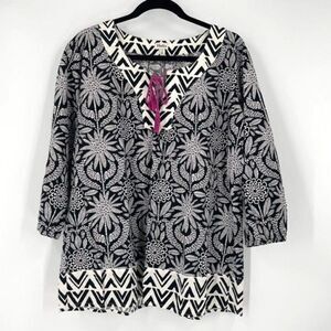 Hatley Womens Tie Front Geometric Print 3/4 Sleeve Blouse Black White Size Large
